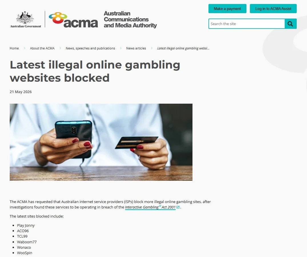 ACMA article dated 21 May 2026 showing TCL99 in the list of illegal online gambling websites requested for ISP blocking