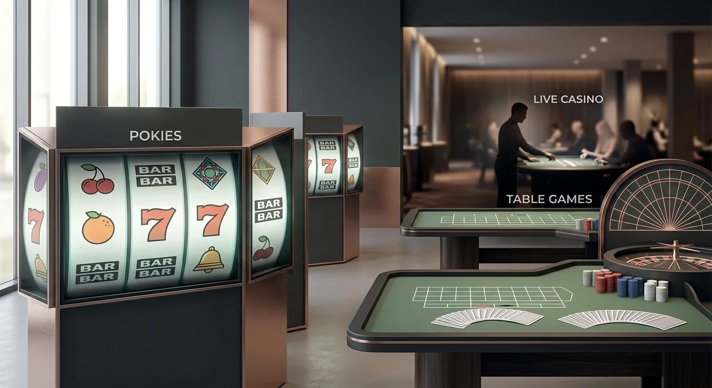 Generic editorial illustration of pokies reels, live table play and classic casino table-game categories without branded artwork
