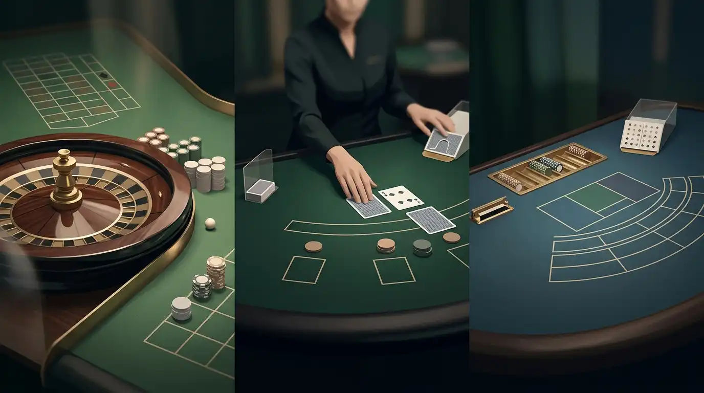 Generic live casino illustration with roulette, blackjack and baccarat table elements and no casino branding or copied game interface