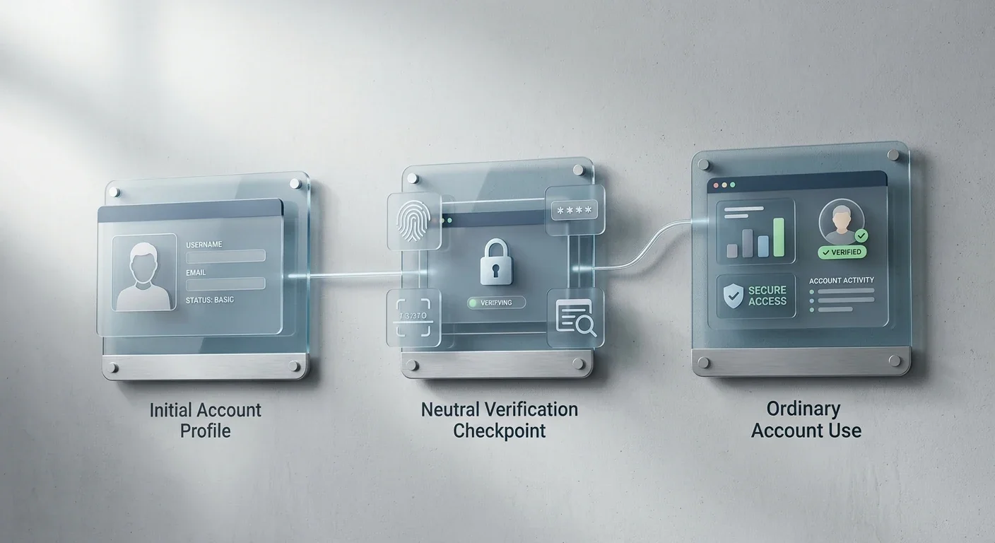 Generic adult account lifecycle showing basic account details, a verification checkpoint and later account use without a TCL99 interface or document checklist